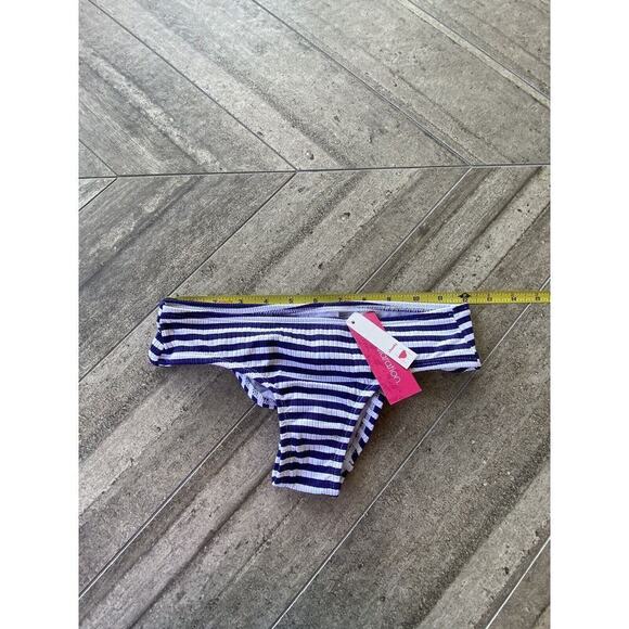 Juniors Ribbed Cheeky Hipster Bikini Bottom Loo- Xhilaration Navy Stripe XS 00 - Picture 10 of 12